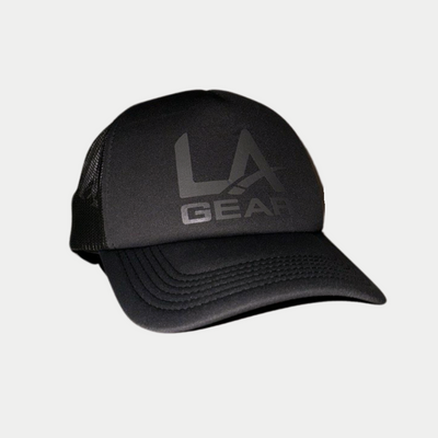 Foam trucker hat with vinyl LA Gear logo.