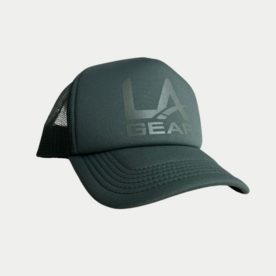 Foam trucker hat with vinyl LA Gear logo.