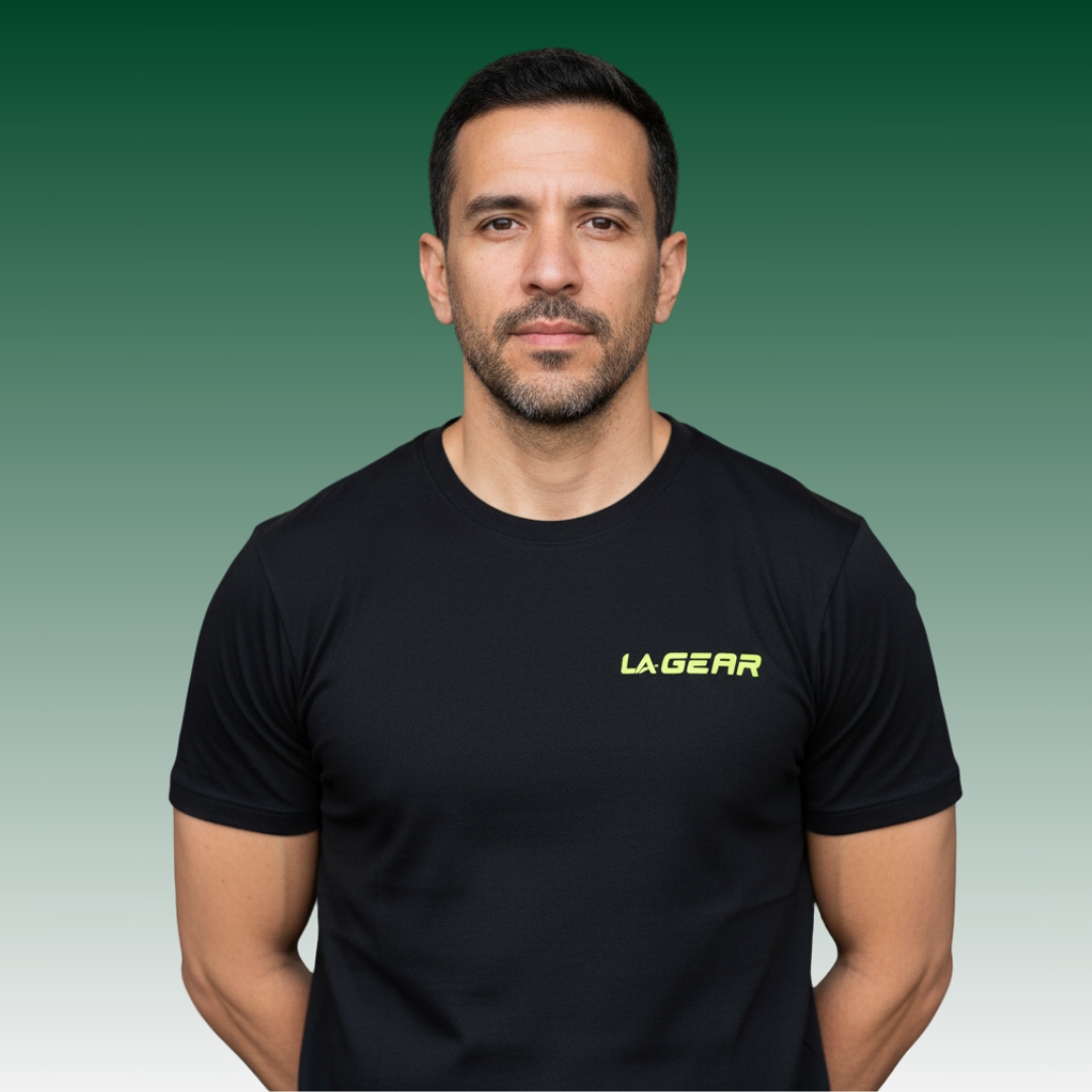 A man wearing LA Gear's performance tee.