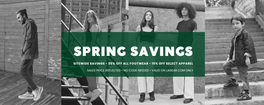 Black and white photo collage with people in various poses, featuring a spring savings banner.