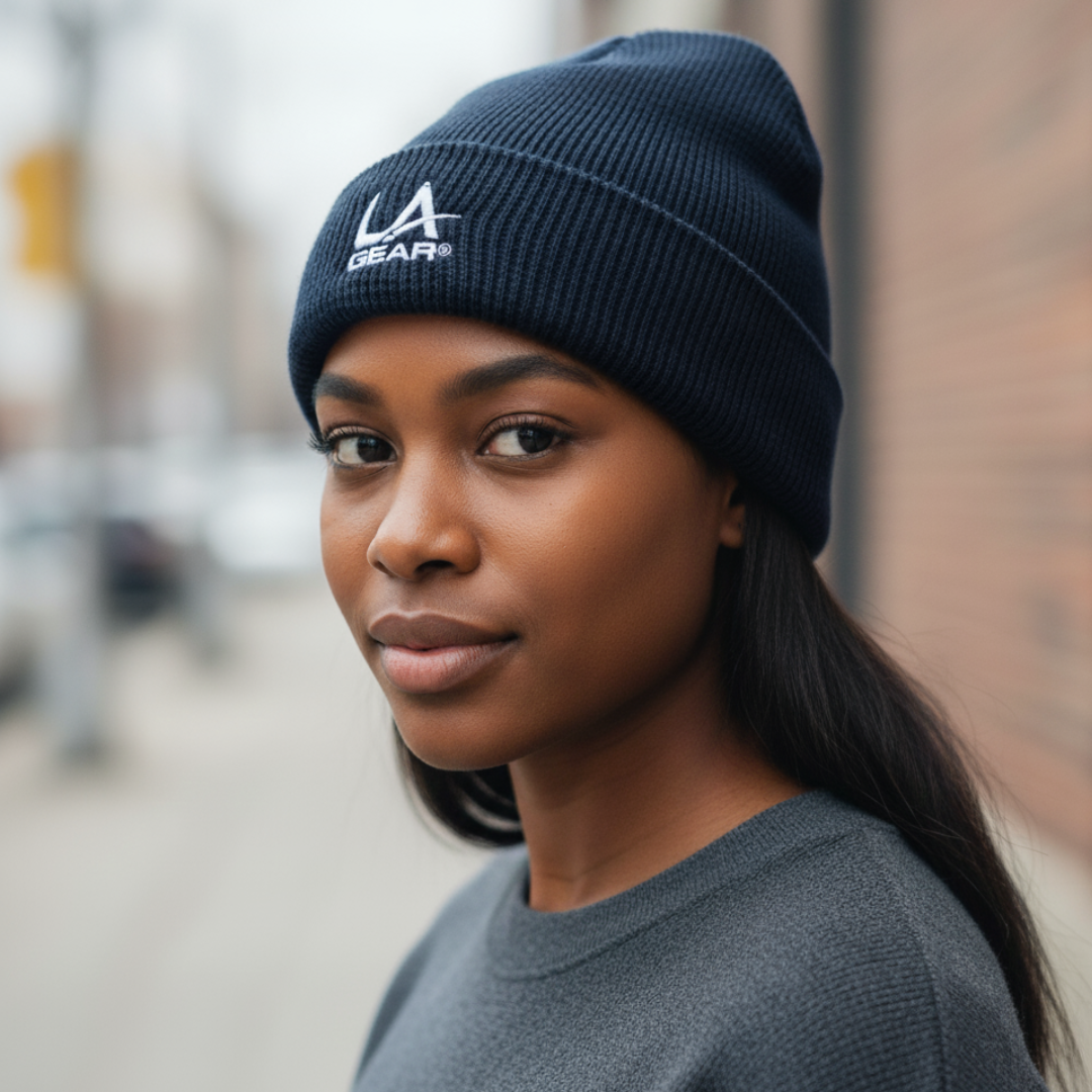 Woman wearing a black beanie with 'LA Gear' logo on a blurred city street background