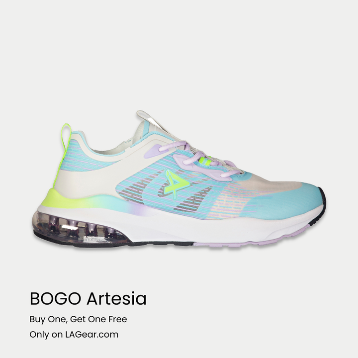 Colorful sneaker with 'BOGO Artesia' text and promotional offer on a white background