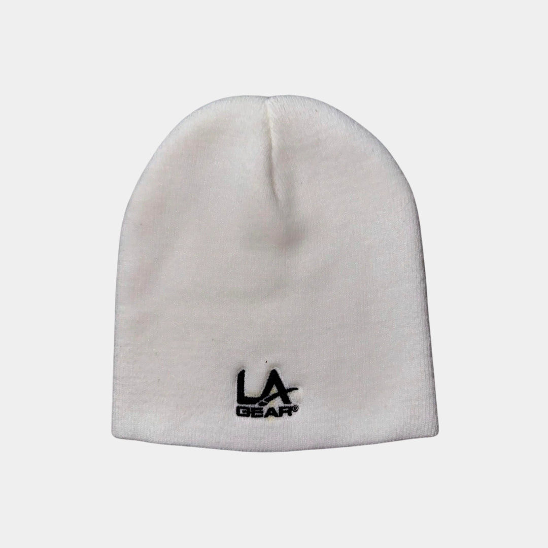 Off-white beanie with LA Gear logo on a white background