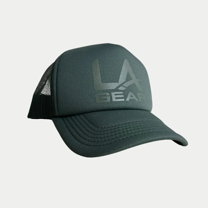 Sage foam trucker hat with vinyl LA Gear logo.