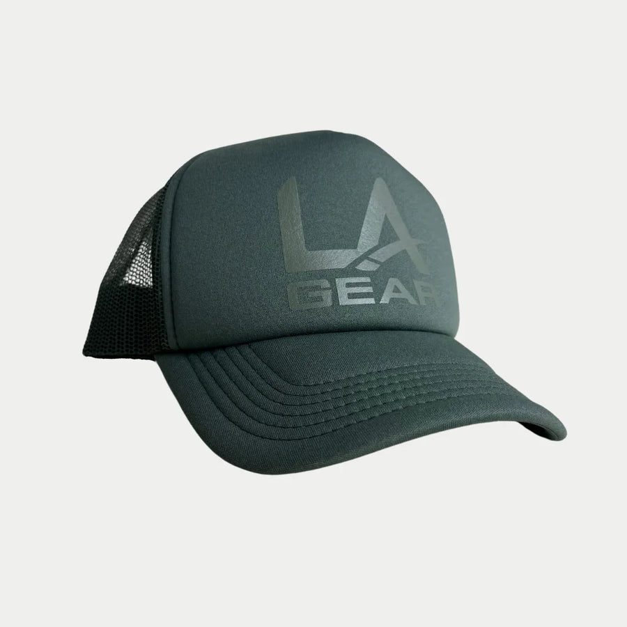 Sage foam trucker hat with vinyl LA Gear logo.