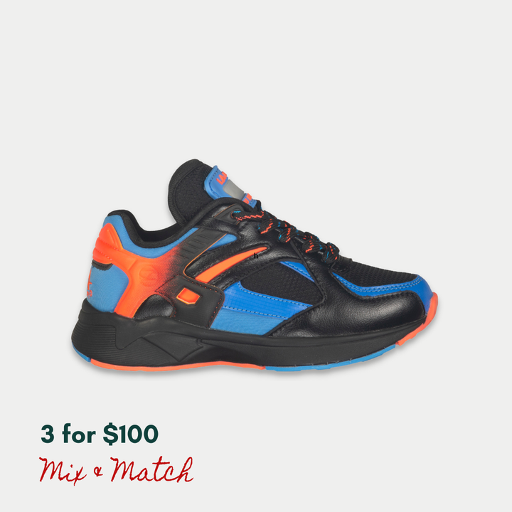 Black and blue kids LA Gear sneaker with motion activated lights on a light gray background.