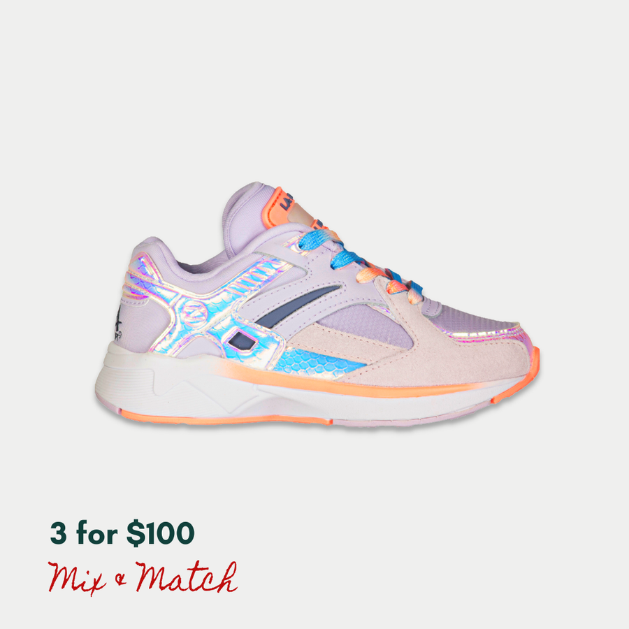 Purple and orange LA Gear sneaker with motion activated lights on a light gray background.