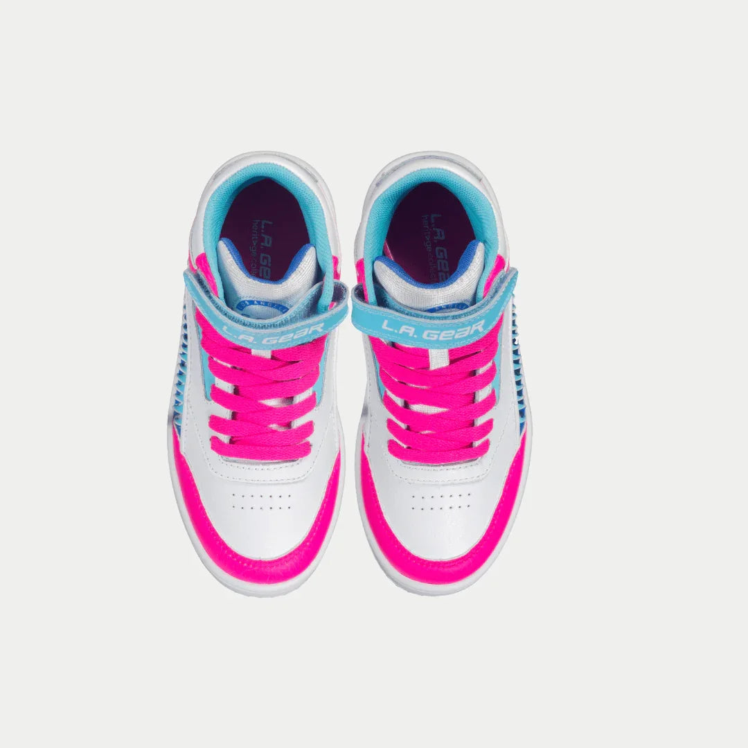 White hightop sneakers with pink and blue accents on a white background