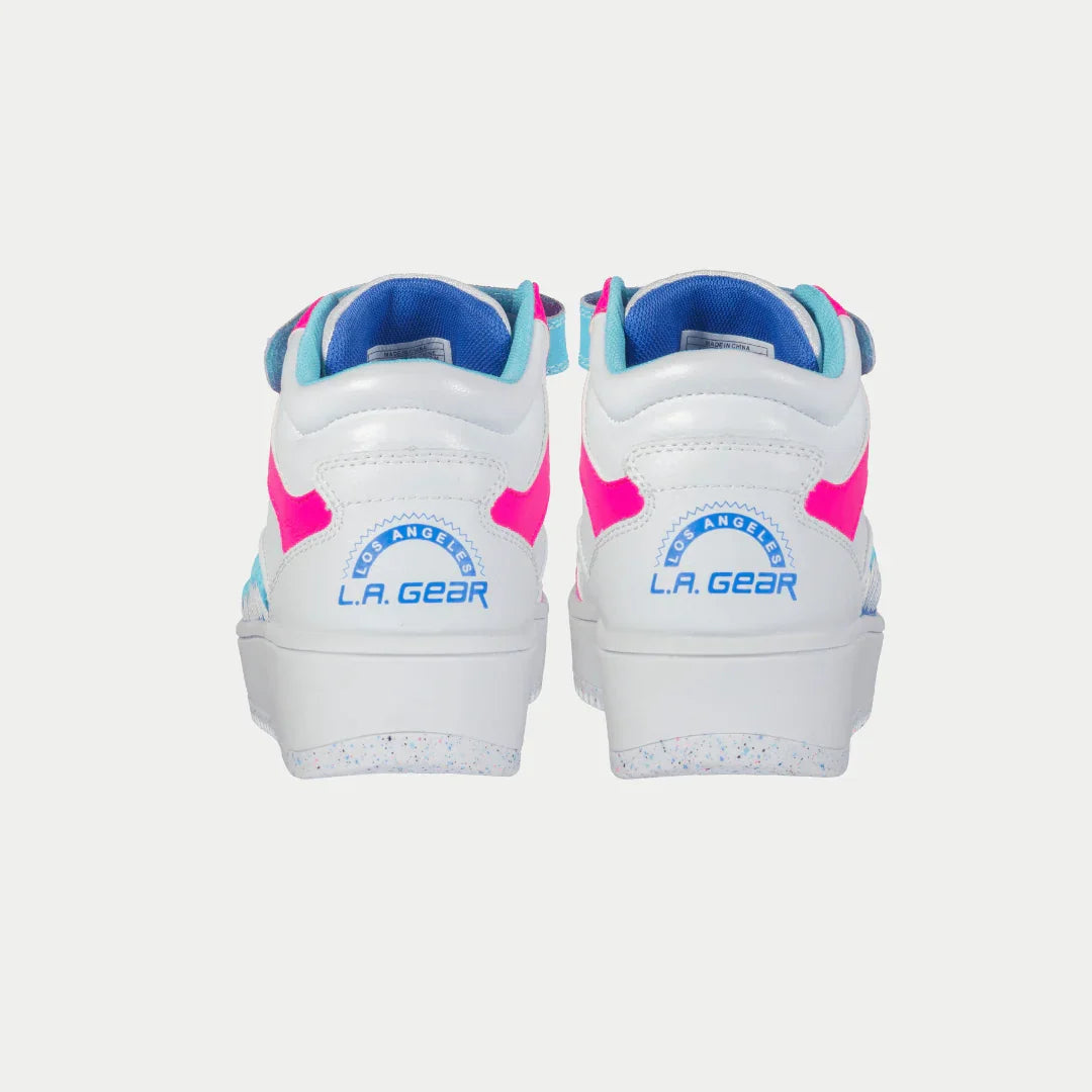 White hightop sneakers with pink and blue accents on a white background
