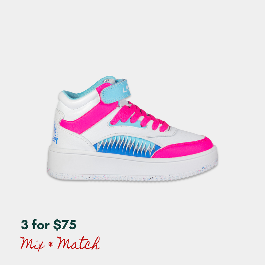 White hightop sneaker with pink and blue accents on a light gray background