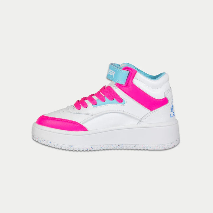 White hightop sneaker with pink and blue accents on a light gray background