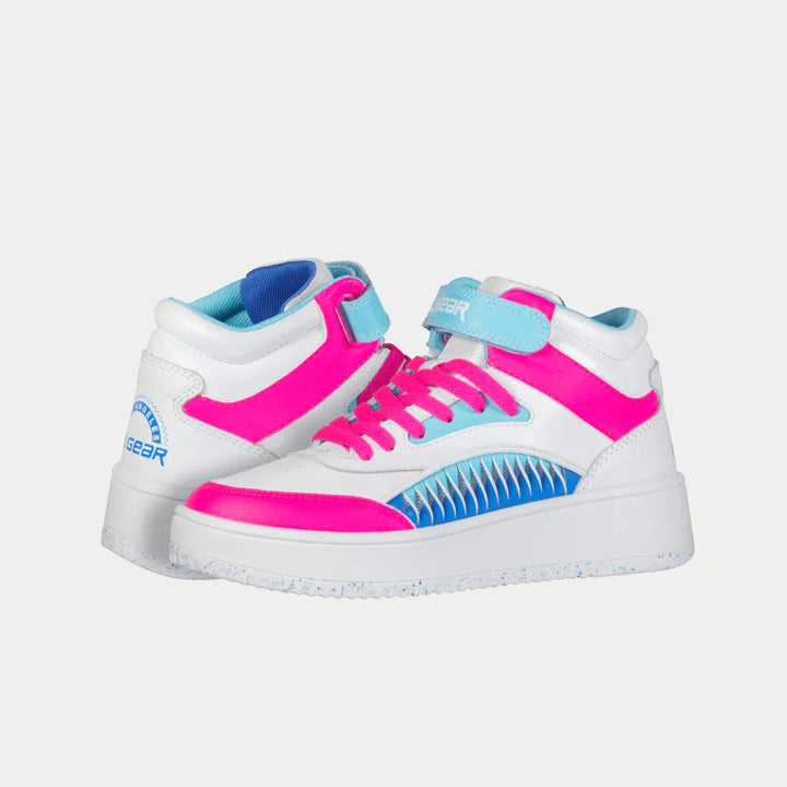 White hightop sneakers with pink and blue accents on a white background