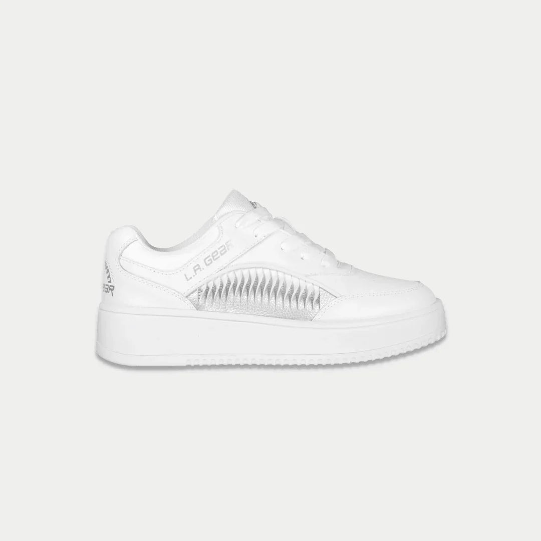 White lowtop sneaker with LA Gear logo on a light gray background