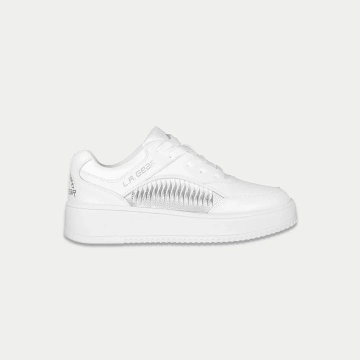 White lowtop sneaker with LA Gear logo on a light gray background