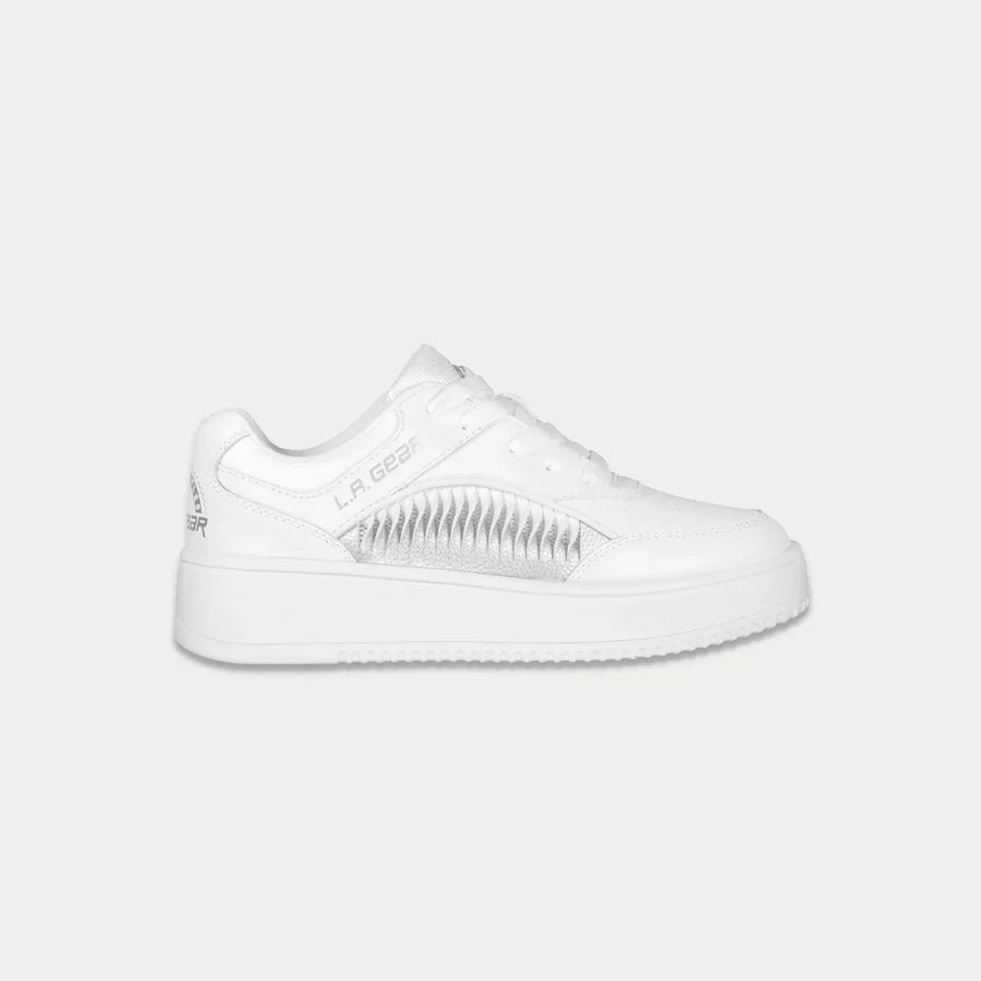 White lowtop sneaker with LA Gear logo on a light gray background