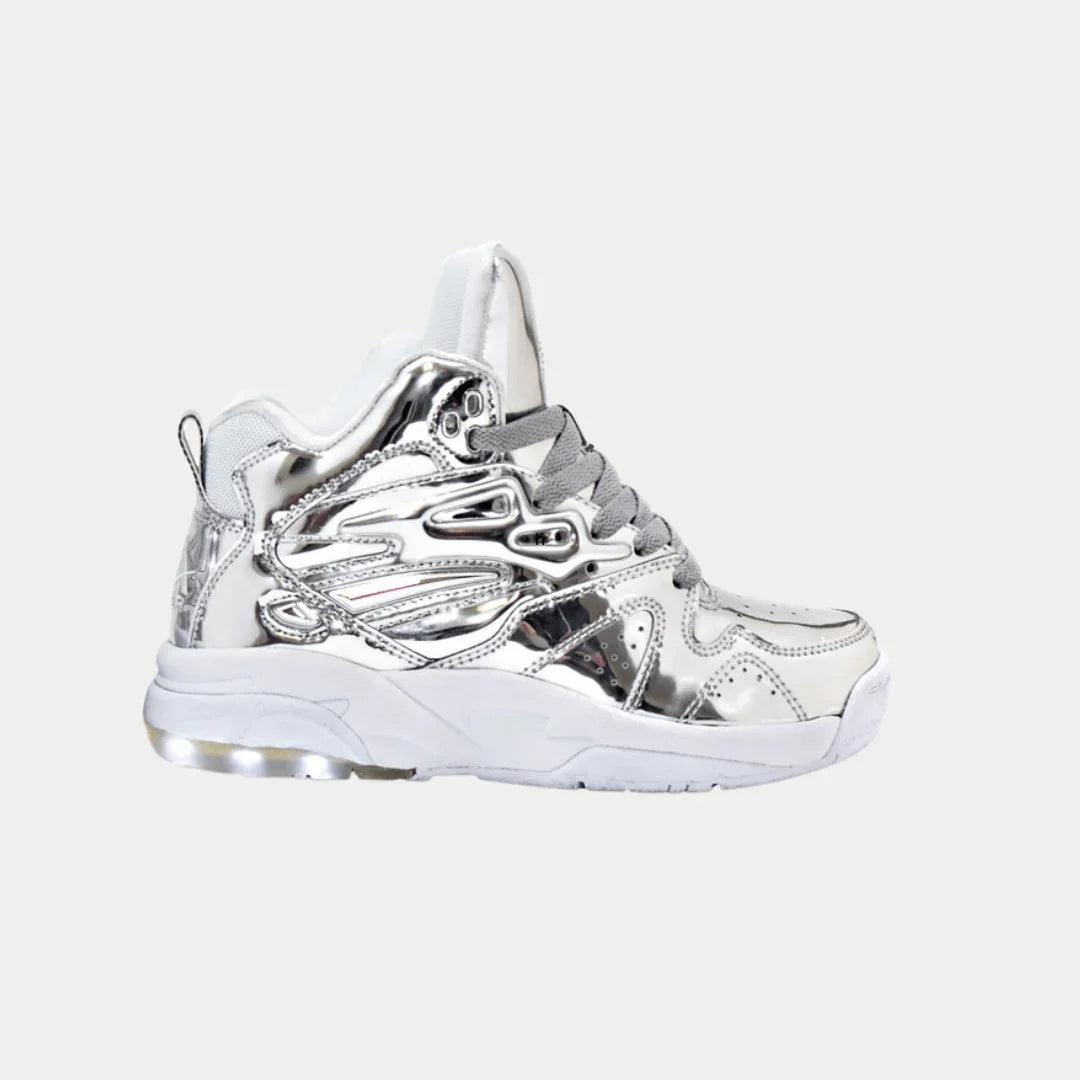 Silver metallic hightop sneaker on a white background