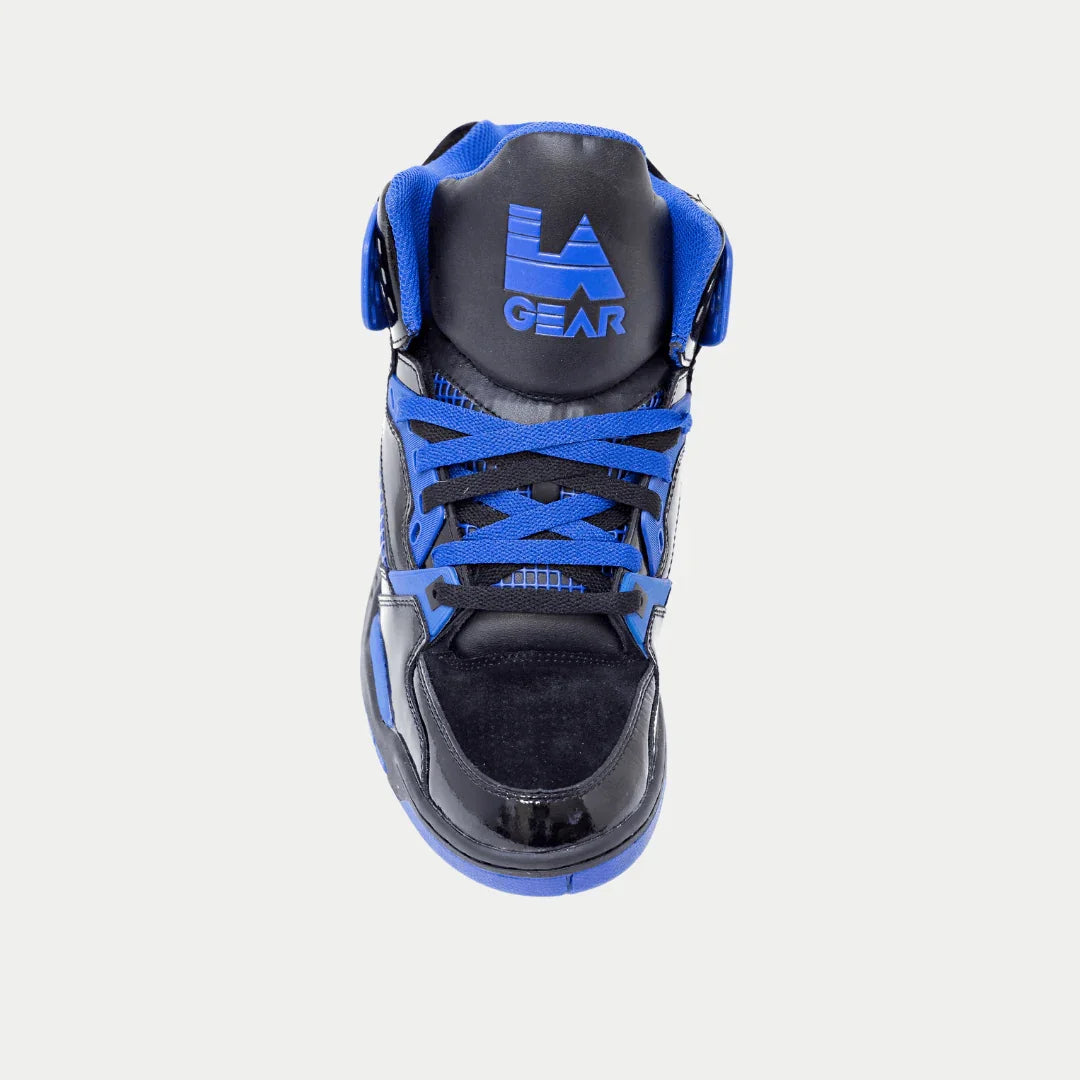 Black x blue sneaker with 'LA Gear' branding on a light gray background