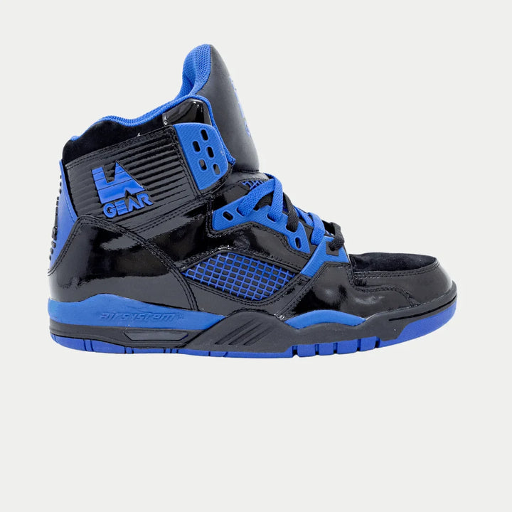 Black x blue hightop sneakers on a light gray background