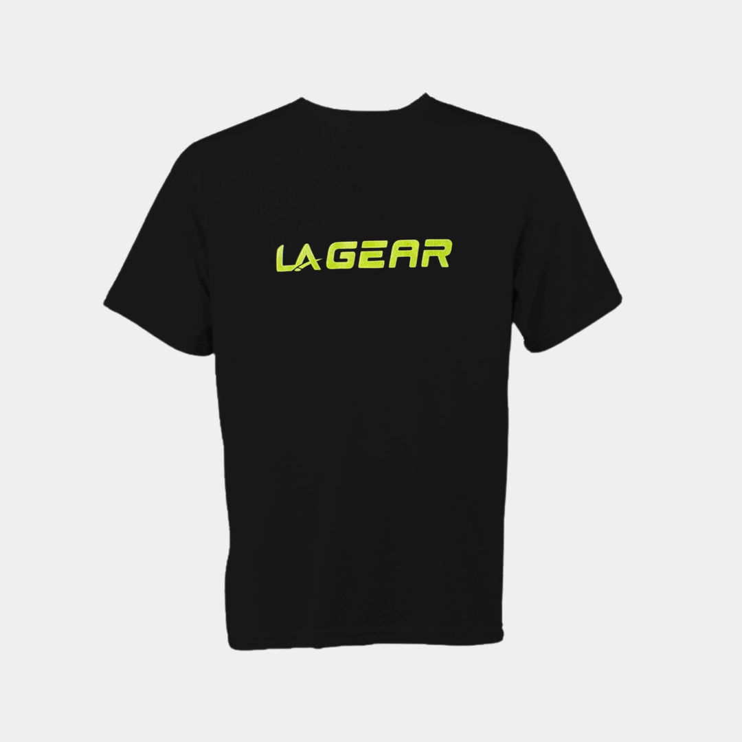 A black LA Gear Performance Tee with a neon logo.