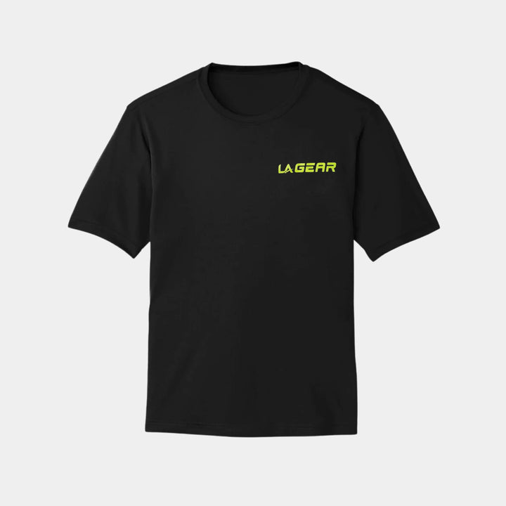 A black LA Gear Performance Tee with a neon logo.