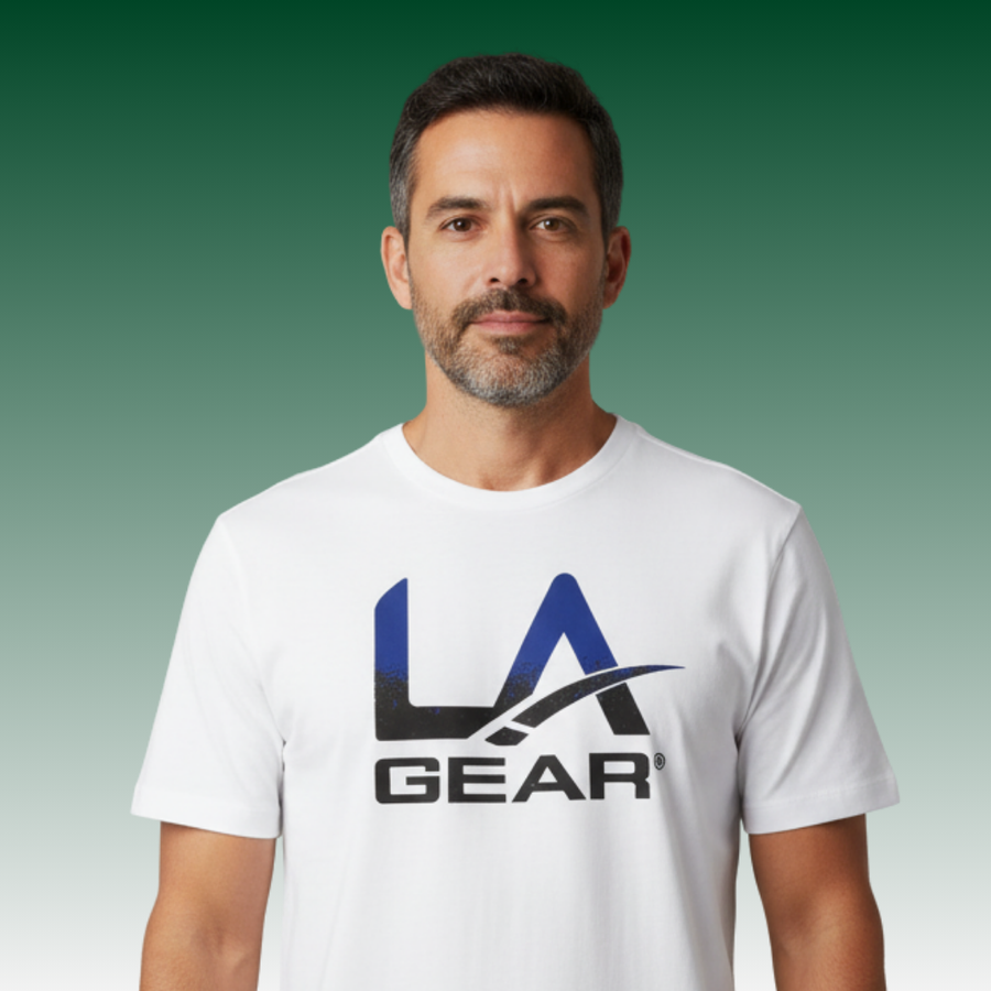 Man wearing a white t-shirt with 'LA Gear' logo against a gradient background.
