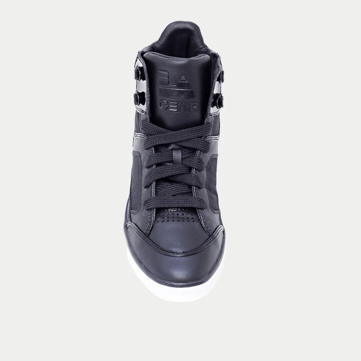Black hightop sneaker on a light gray background