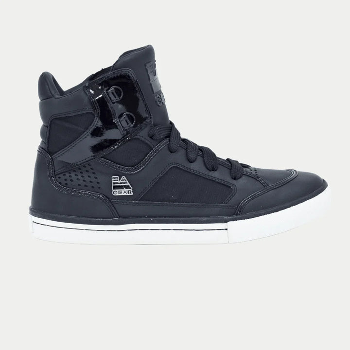 Black hightop sneaker on a light gray background