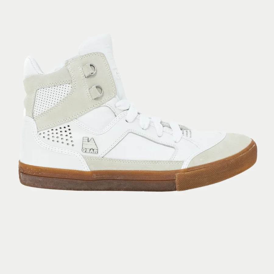 White hightop sneaker with brown sole on a light gray background