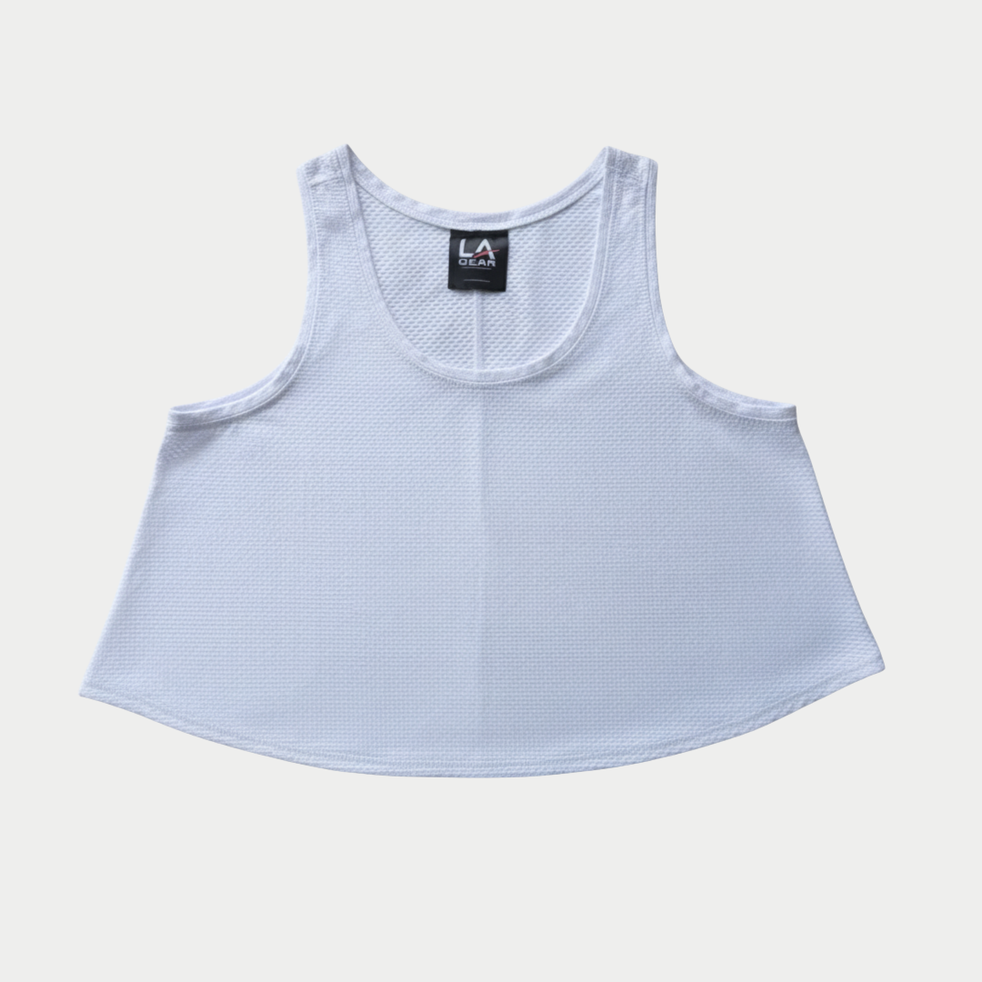 White mesh tank top on a light gray background.