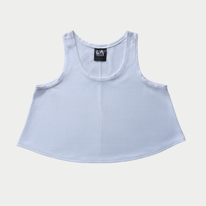 White mesh tank top on a light gray background.