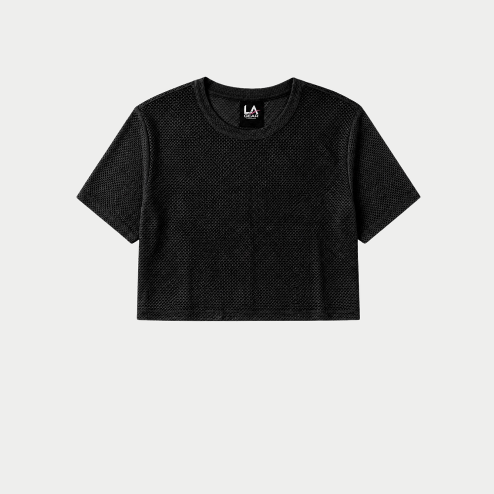 A black short-sleeve cropped top with a textured, fine mesh-like weave, shown flat against a light gray background. 
