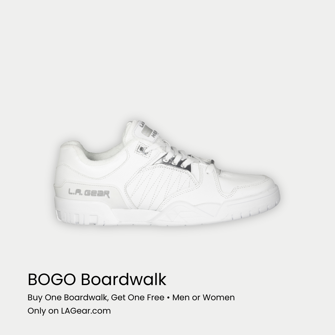 White sneaker with 'L.A. Gear' branding on a light gray background