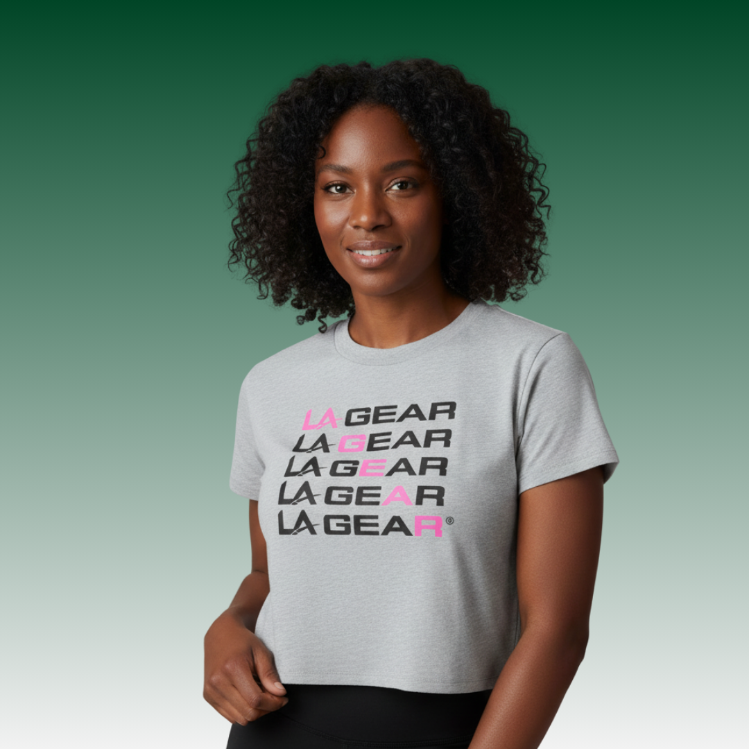 LA Gear Women's Cropped Logo Tee | Grey with Neon Pink x Black Diagonal