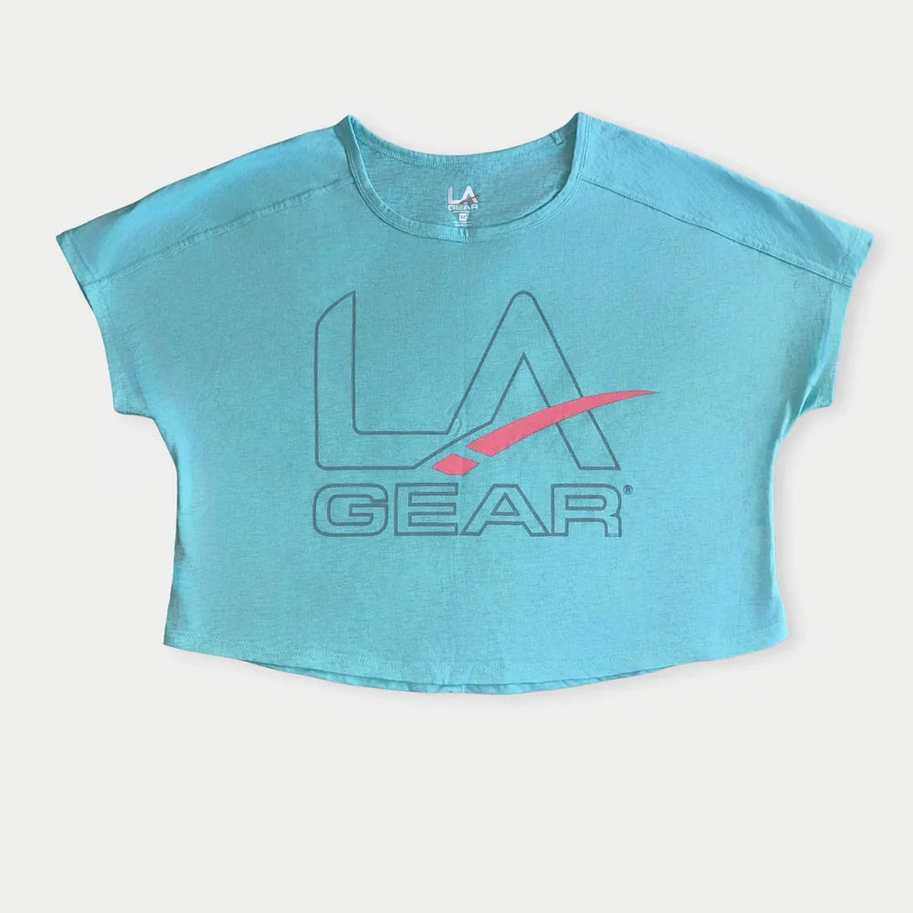 Blue crop top with LA Gear logo on a white background