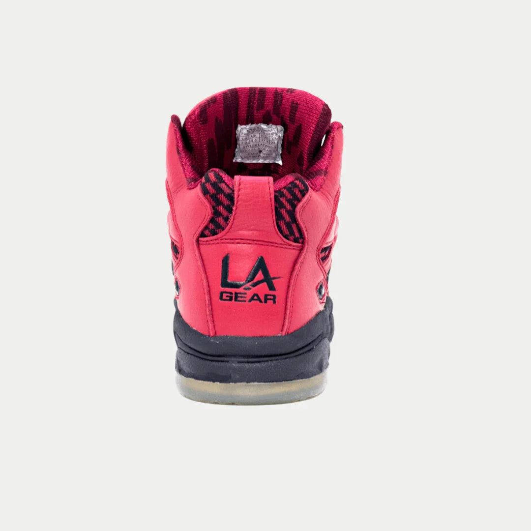 Red x black hightop sneaker with 'LA Gear LA Tech' branding on a white background