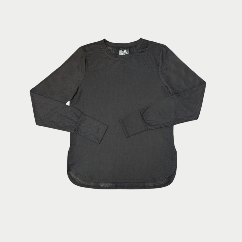 Long sleeve mesh tee in black.