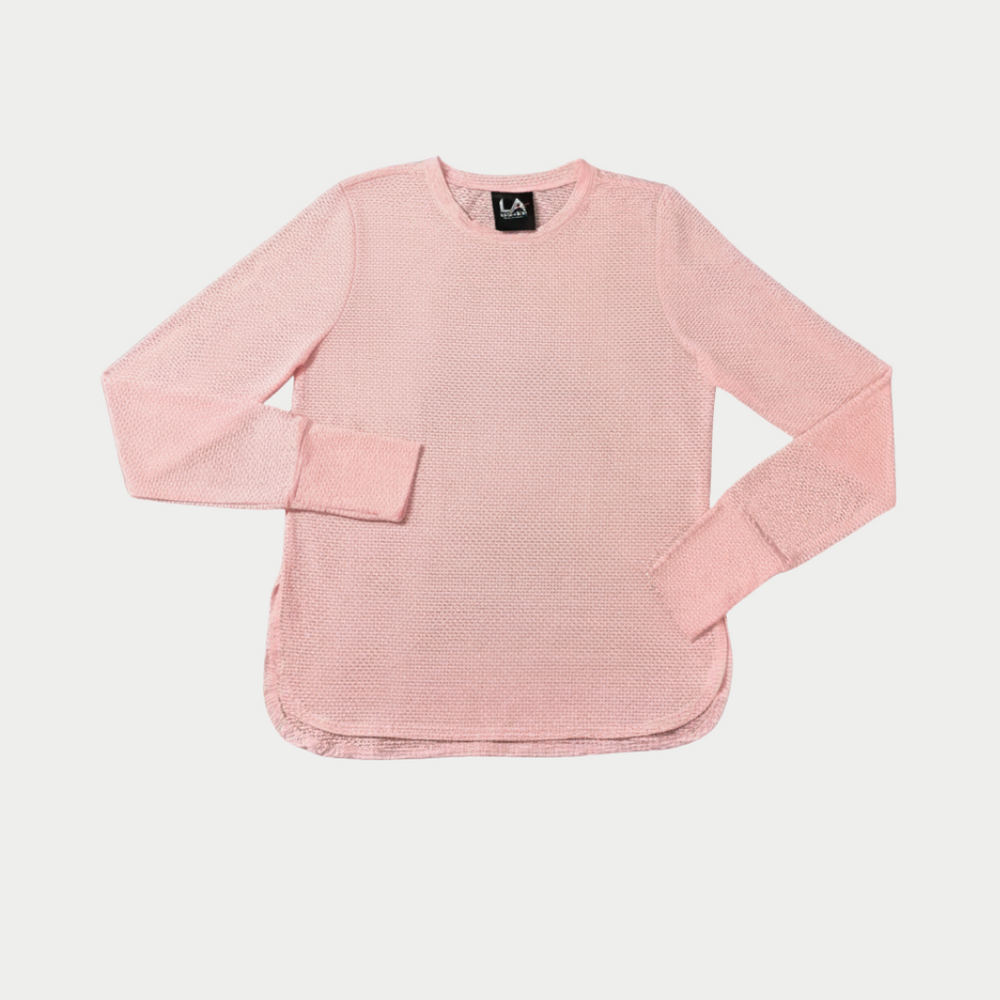A pink mesh long sleeve tee.
