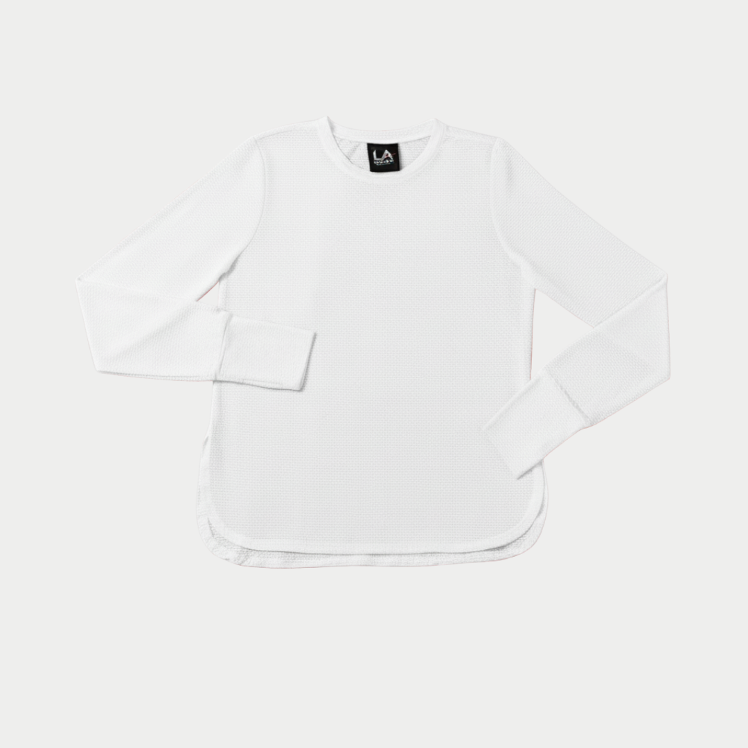 White long-sleeve shirt with a brand logo on a white background