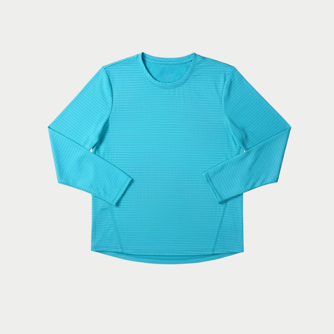 Blue long-sleeve shirt on a light gray background