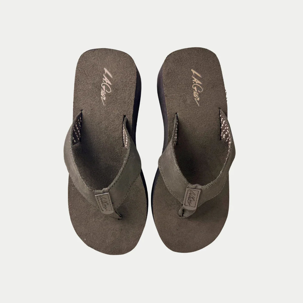 Pair of brown flip-flops on a light gray background