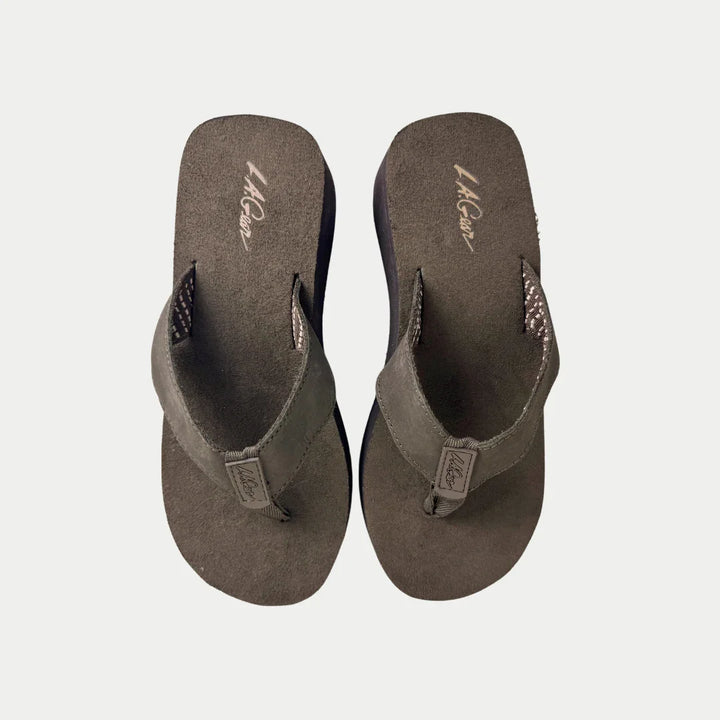 Pair of brown flip-flops on a light gray background