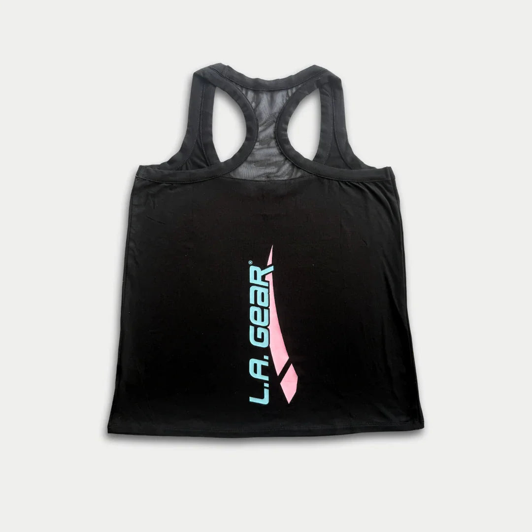 Black tank top with L.A. Gear logo on the back 