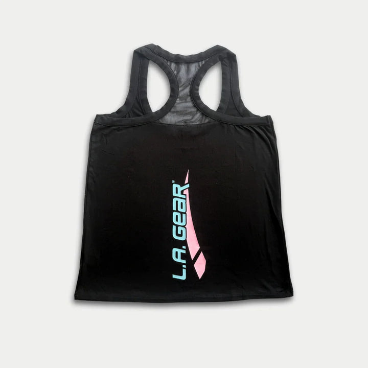 Black tank top with L.A. Gear logo on the back 