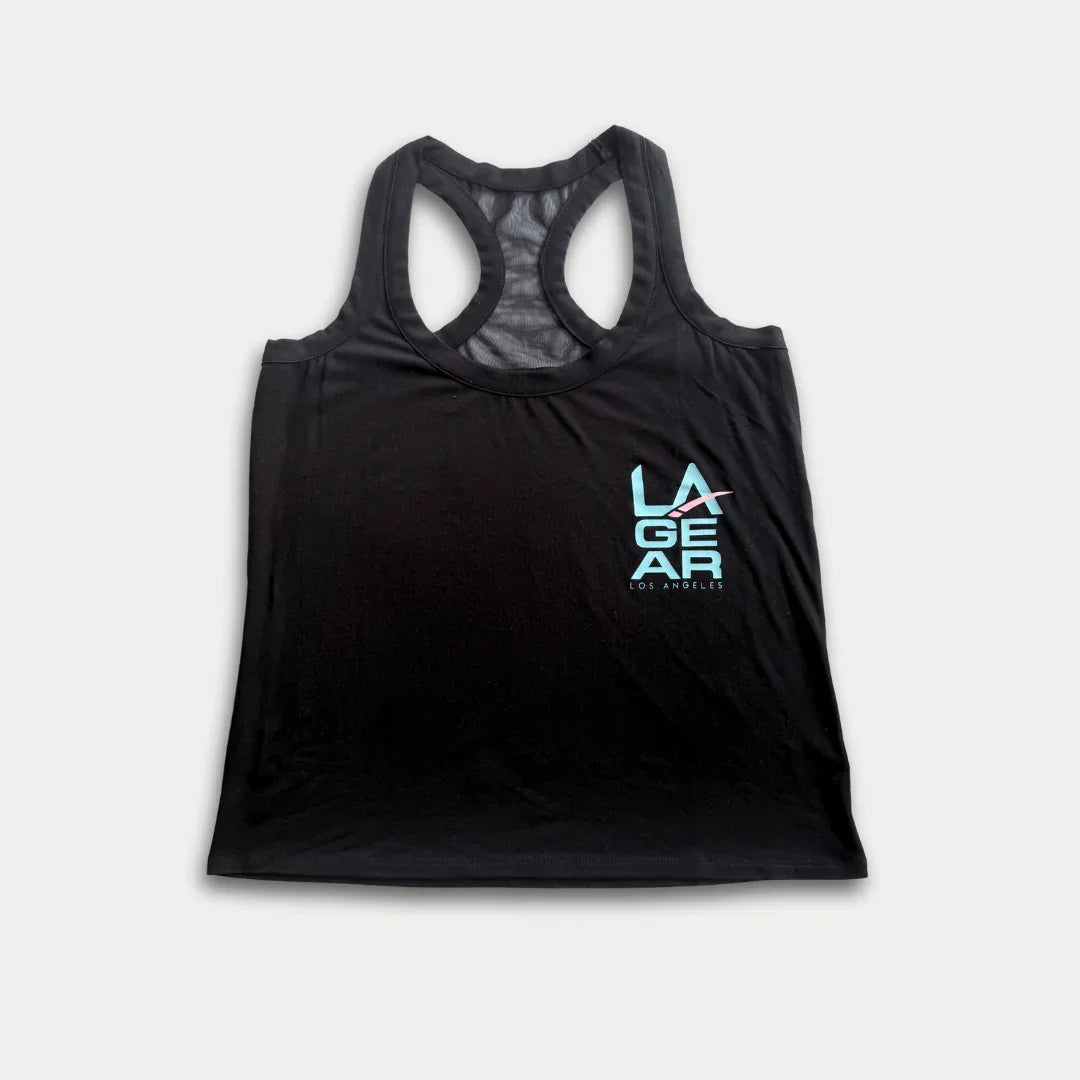 Black tank top with a LA Gear logo on the back 