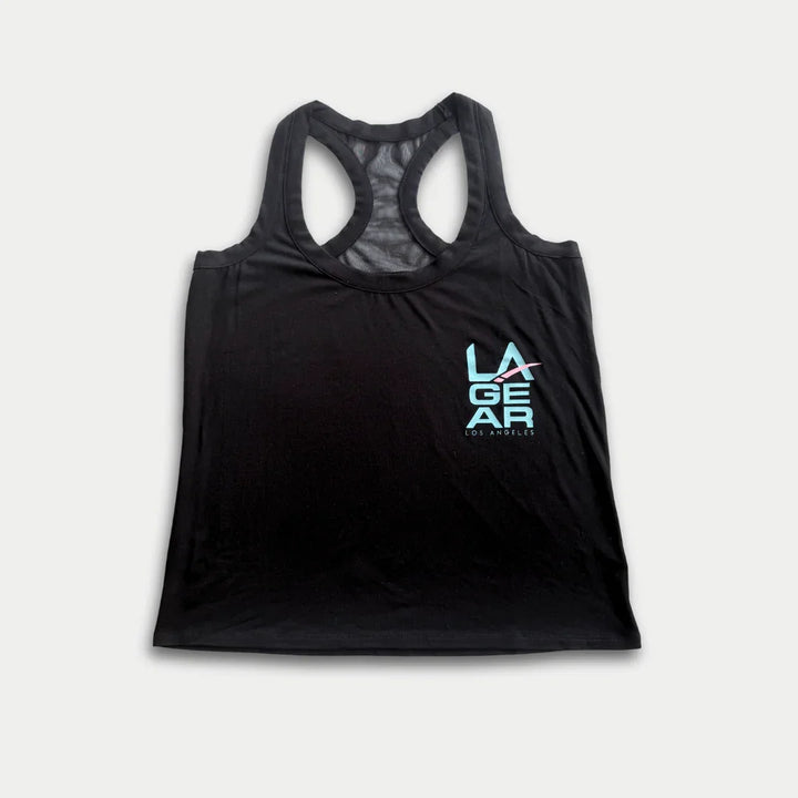Black tank top with a LA Gear logo on the back 