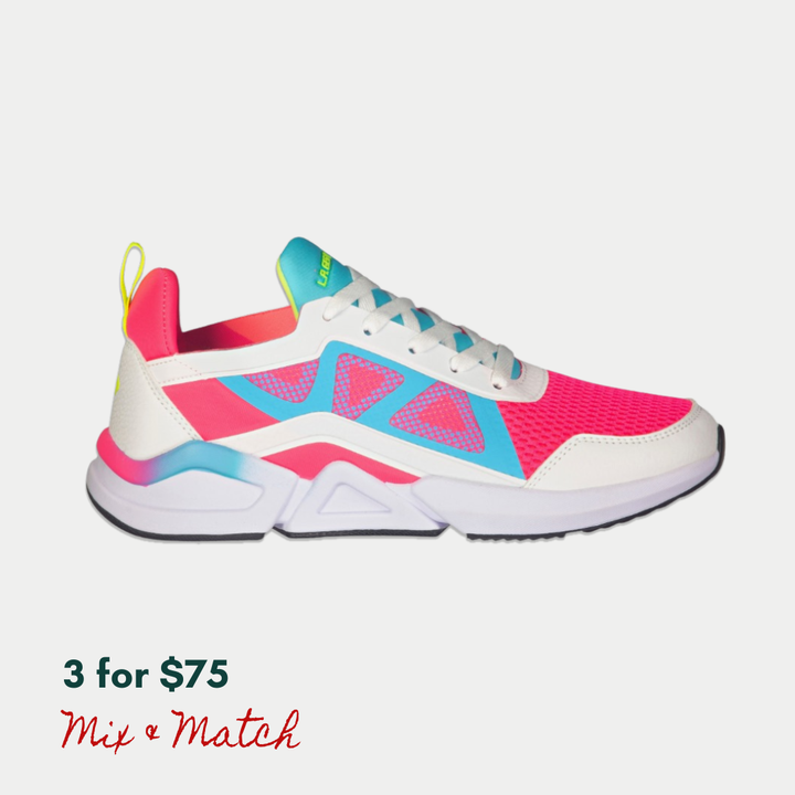 Colorful sneaker with pink, blue, and white design on a light gray background