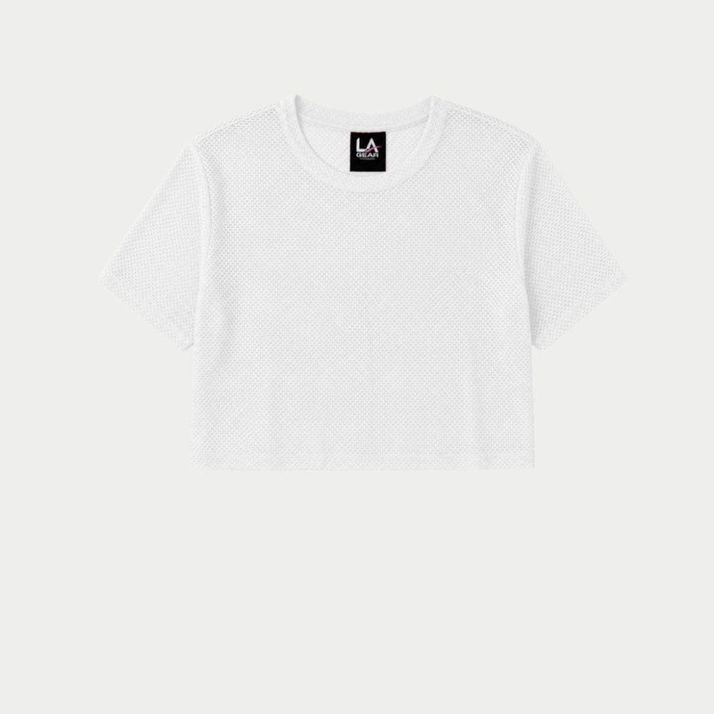 A white mesh cropped box tee. 