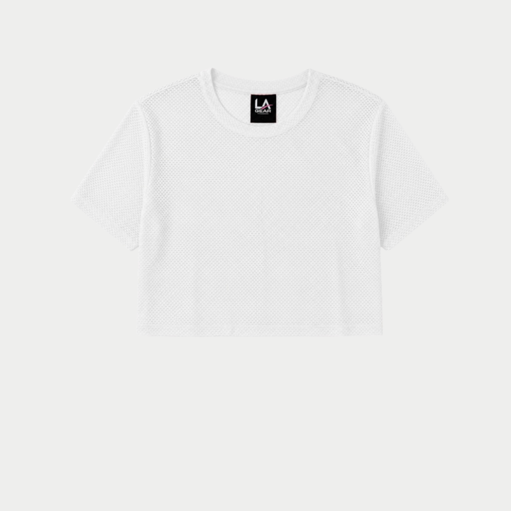 A white mesh cropped box tee. 