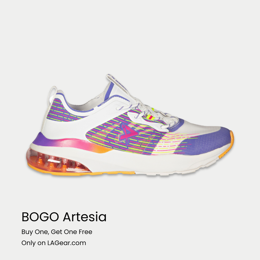 Colorful sneaker with a white sole on a light gray background