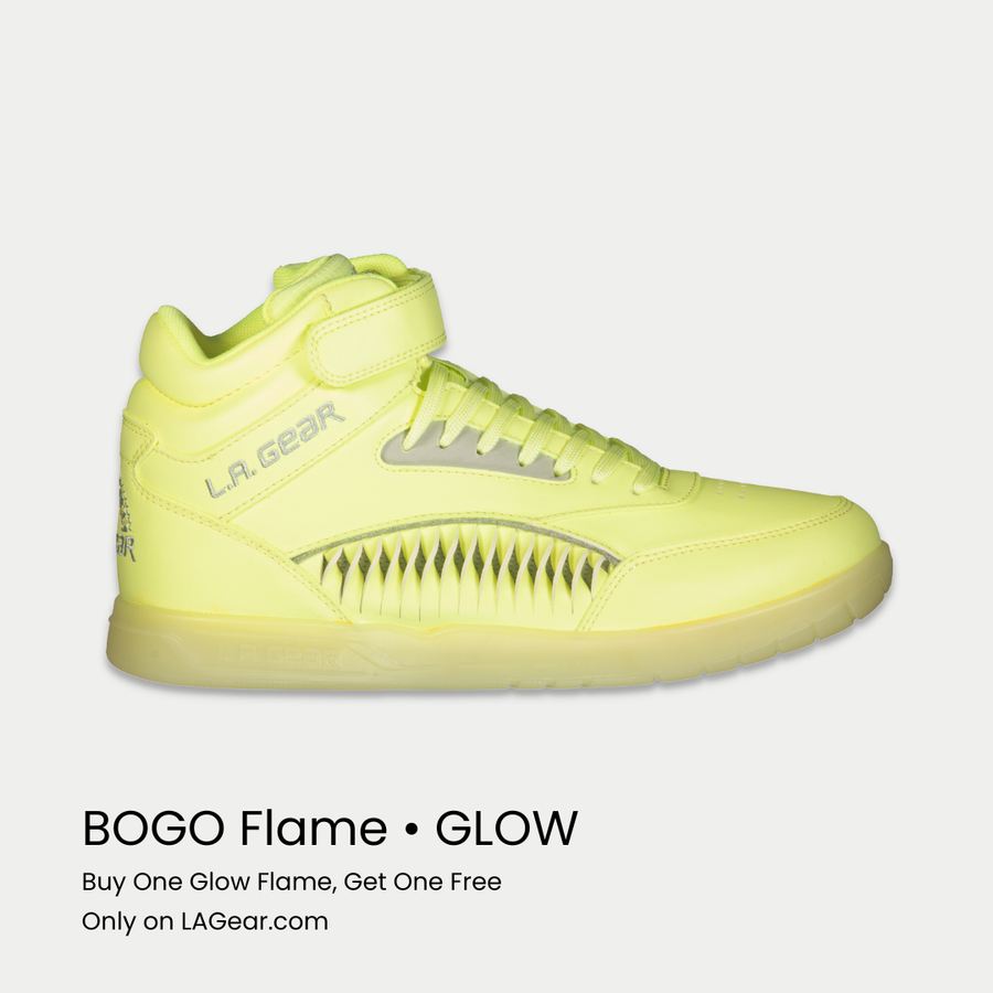 Neon yellow sneaker with 'L.A. Gear' branding on a light gray background